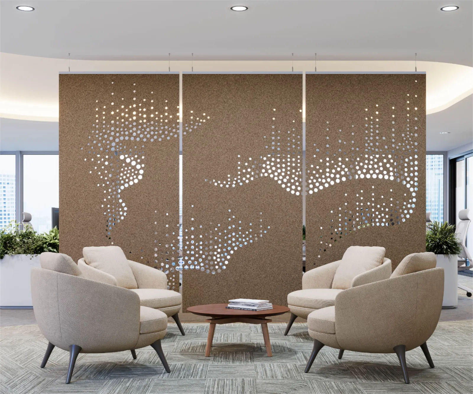 Three floor-to-ceiling acoustic panels with a circular cutout pattern, separating a seating area with four armchairs and a…