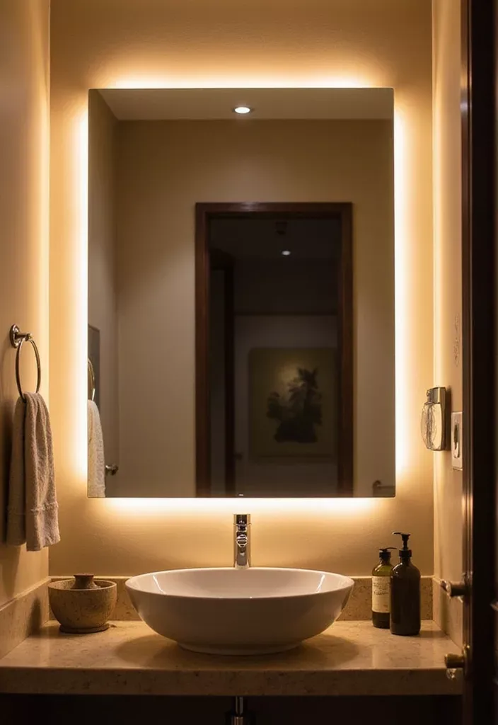 Rectangular backlit mirror above a white vessel sink on a light-colored countertop in a powder room.