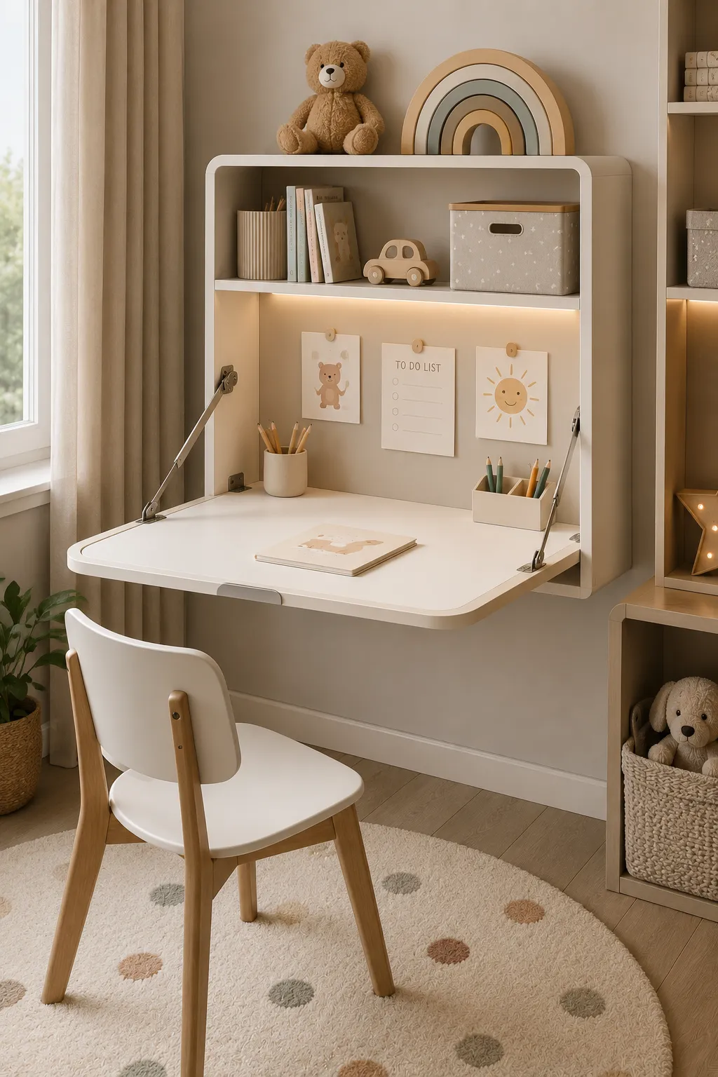 Wall-mounted white folding desk with rounded edges, open and set up in a child's room with a small chair and decorative…