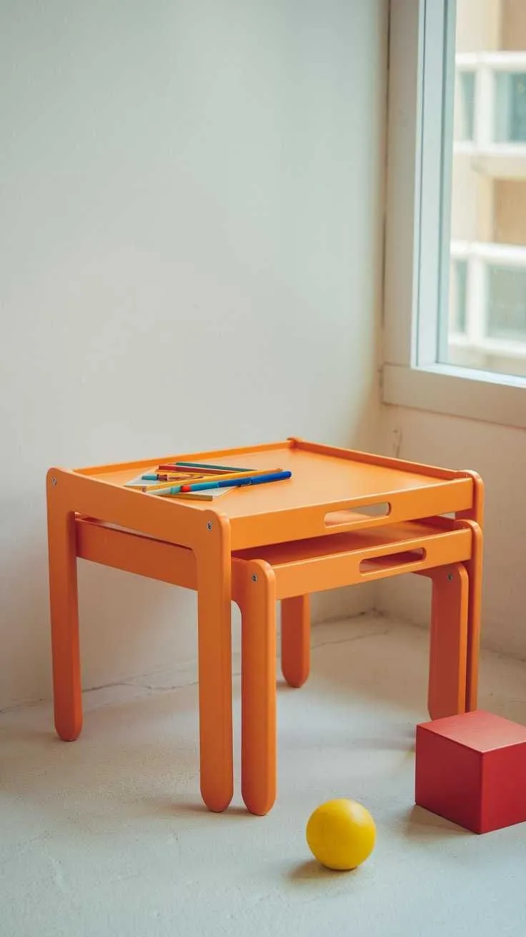 Two orange nested children's tables with rounded edges. The larger table holds a few colored pencils and a paper.