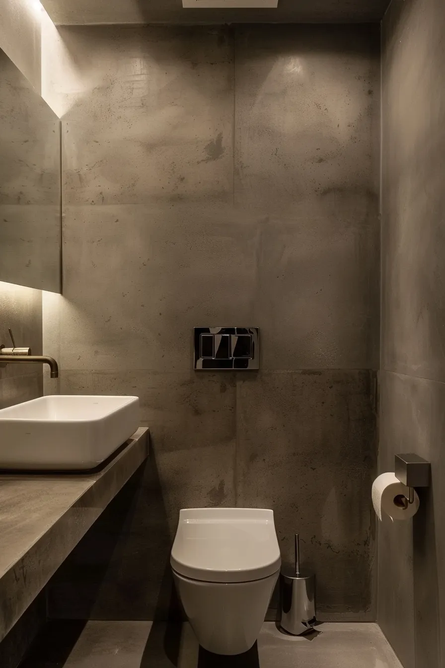 Modern powder room with concrete walls, a white sink, a wall-mounted brass faucet, and a mirror with hidden backlighting.