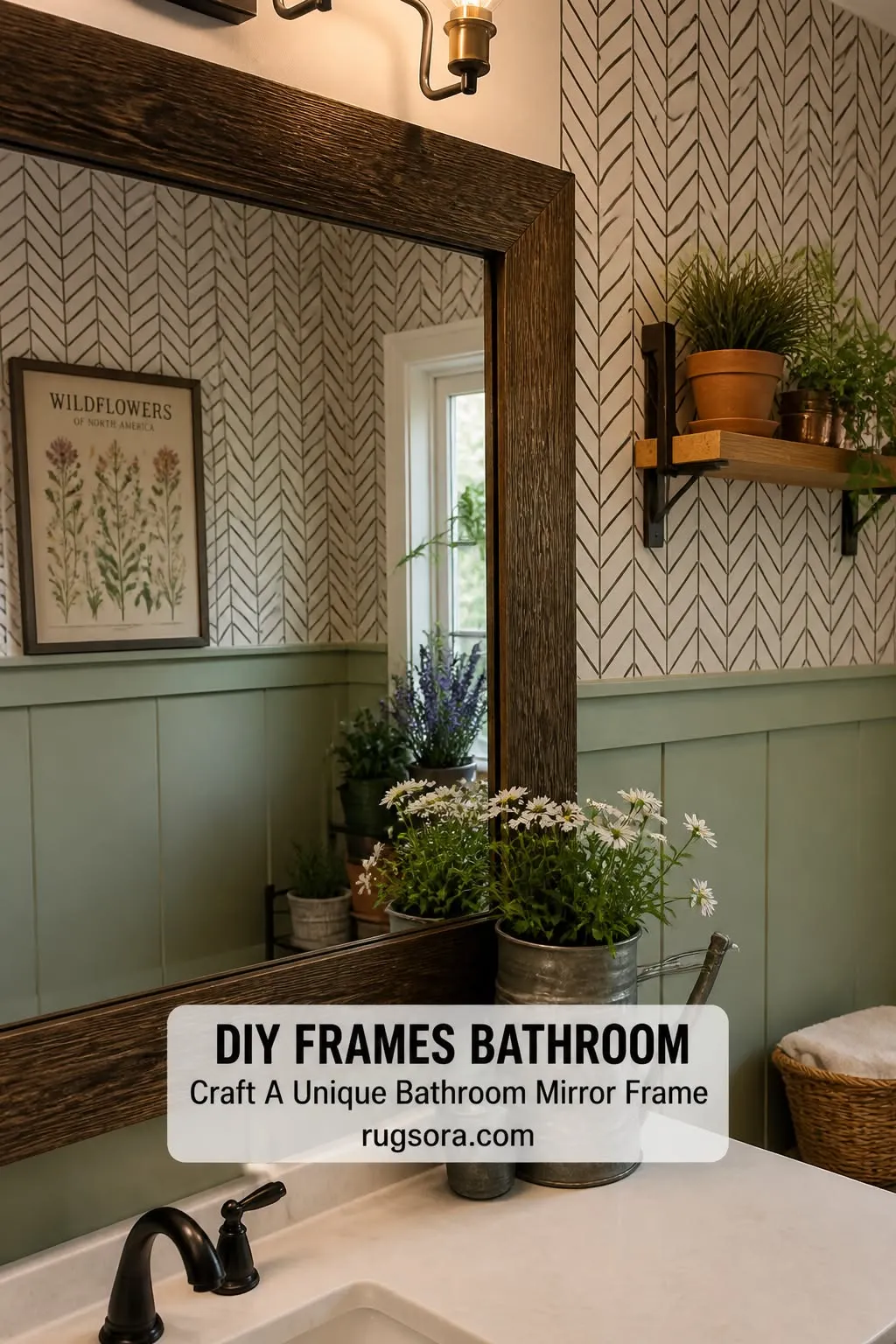 Close-up of a DIY dark, textured wood frame surrounding a large bathroom mirror mounted above a white vanity.