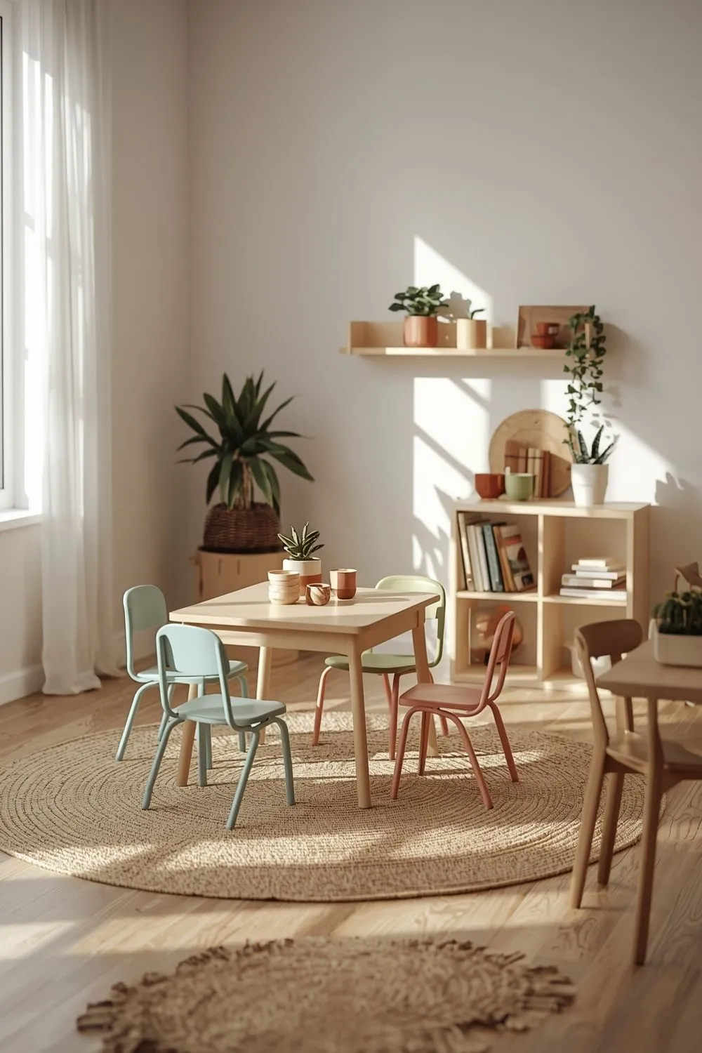 A light wood children's activity table with colorful chairs on a round woven rug in a brightly lit room.