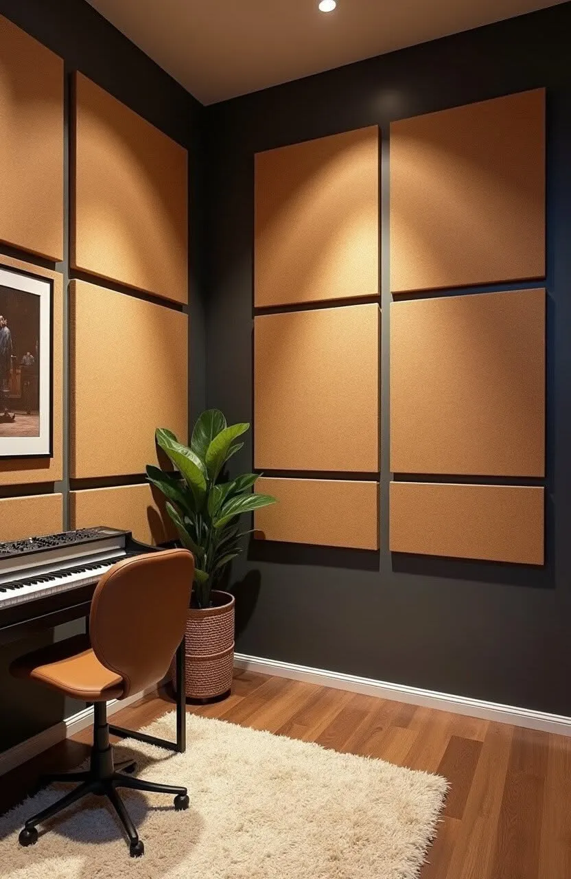 Room corner with dark gray walls and numerous rectangular tan acoustic panels arranged in a grid pattern.