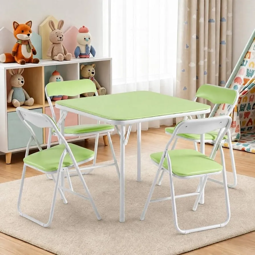 A light green square activity table with four matching folding chairs on a rug in a child's room.
