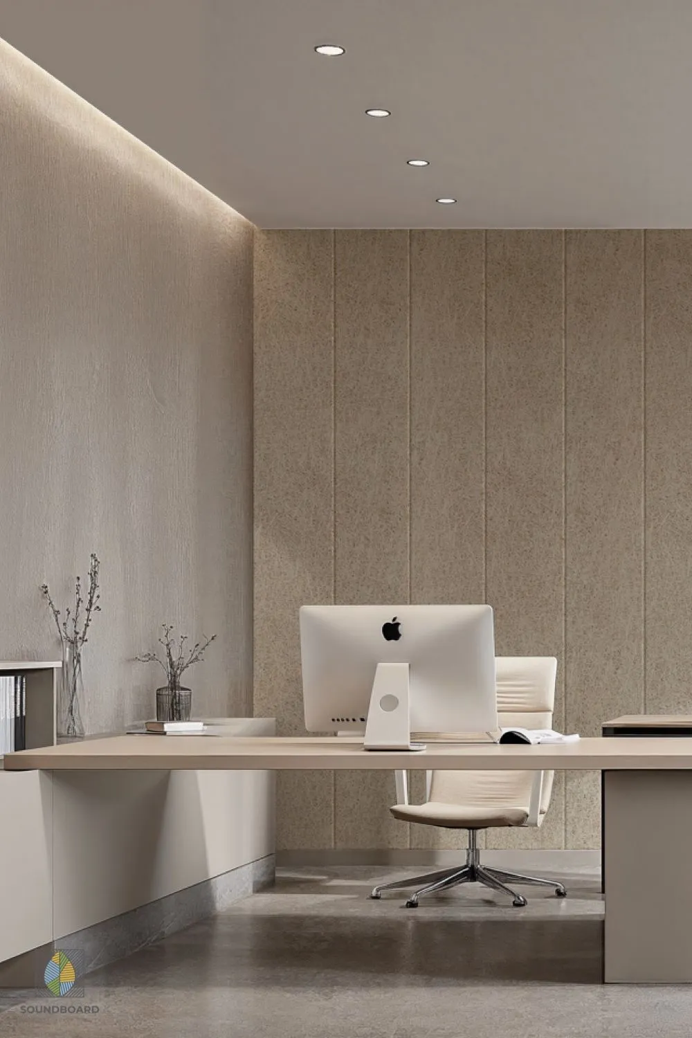 Modern home office with a beige desk, computer, and chair, featuring vertical acoustic wall panels behind the workstation.