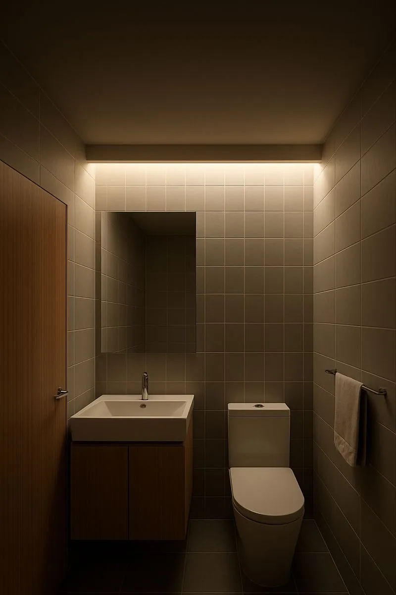 Small modern powder room with light gray tile, white sink, white toilet, and indirect LED lighting along the ceiling line.