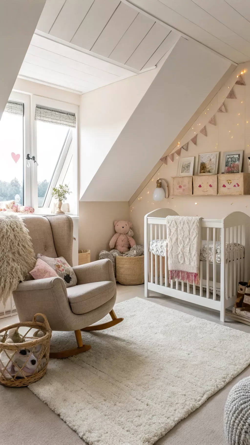 A beige and white attic nursery with a white crib, a large upholstered rocking chair, and a light-colored shaggy rug.