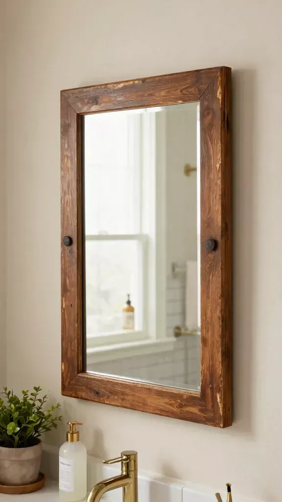 Rectangular mirror with a rustic, dark wood frame mounted above a bathroom sink with a brass faucet.