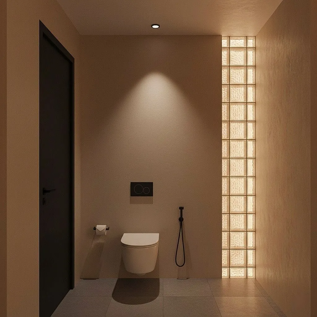 Modern powder room with a wall-mounted toilet and a tall, narrow panel of backlit glass blocks on the right.